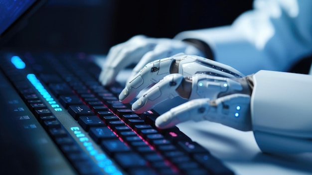Futuristic Robotic Hands Crafting Code on Laptop
