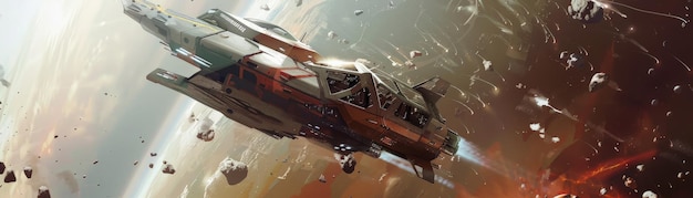 futuristic spacecraft flying through an asteroid field in outer space with particles and debris illuminated by glowing light