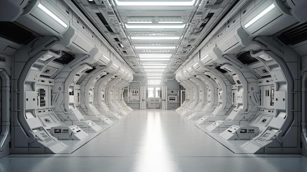 Futuristická architektura SciFi chodba interiéru ve vesmírné stanici s výhledem na planetu Zemi 3D renderování