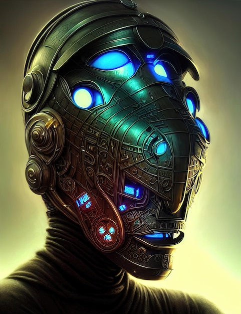 gasmask steampunk portrait of a robot cyborg in a cyberpunk mask a steel helmet on his head glowing eyes of a steampunk humanoid gas mask 3d illustration