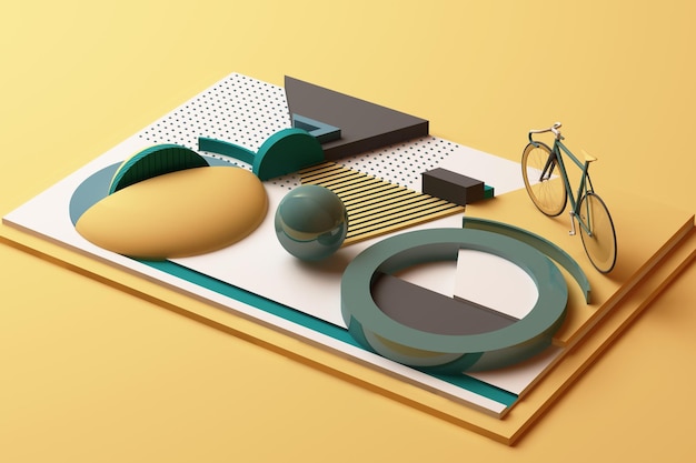 Geometric Shape of Bike Sport Concept in yellow and green colour tone 3d Rendering
