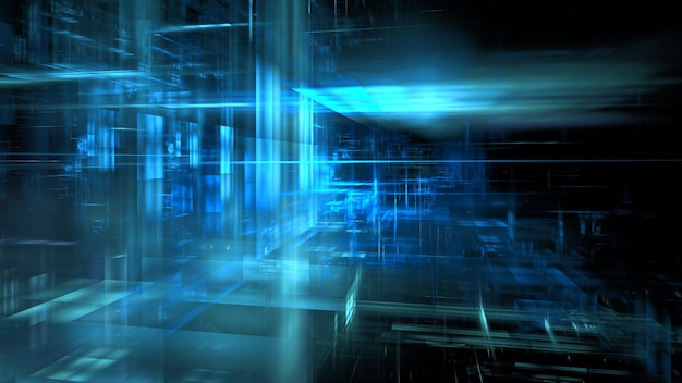 geometric shapes and vibrant blue tones combine to form a captivating digital environment evoking feelings of innovation and advanced technology in a dark background