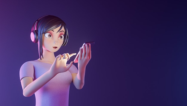 girl impressed with mobile phone stylized 3d character
