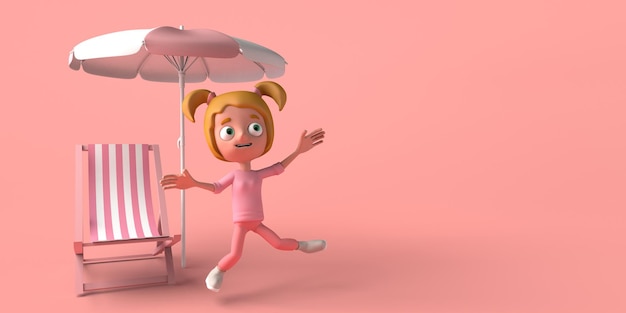girl jumping next to beach chair and umbrella vacation concept copy space 3d illustration cartoon