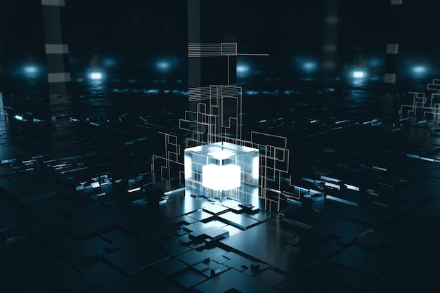 glowing cubes with circuit lines with dark background 3d rendering