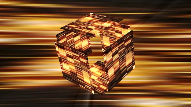Glowing striped cube in cyberspace motion shining colorful cube is divided into parts and assembled