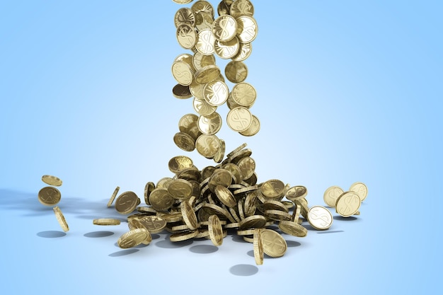 gold coins with dollar sign fall on graund 3d illustration on a blue background