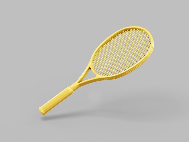 Gold single color tennis racket on gray monochrome background. Minimalistic design object. 3d rendering icon ui ux interface element.