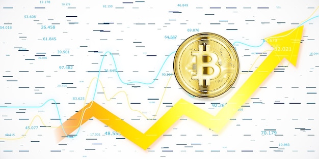 Golden Bitcoin with an Upward Arrow and Data on Light Background 3D Rendering