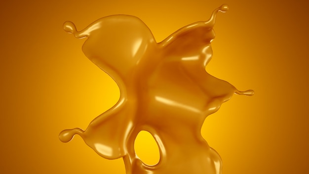 Golden splash of caramel on a yellow background. 3d rendering.