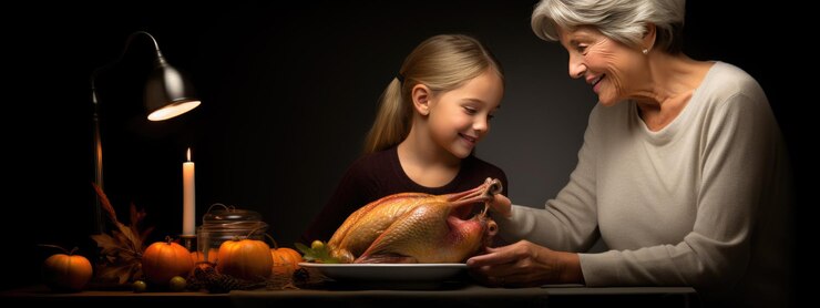 Fotografie grandmother teaches her grandchildren how to cook a thanksgiving turkey