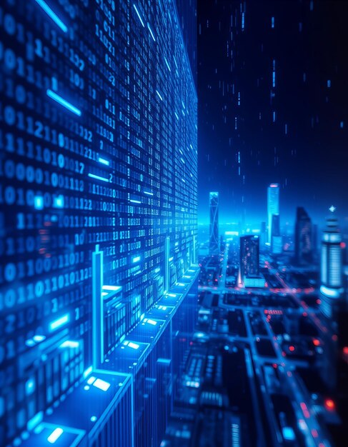 Graphic Abstract digital background with blue glowing lights and binary code