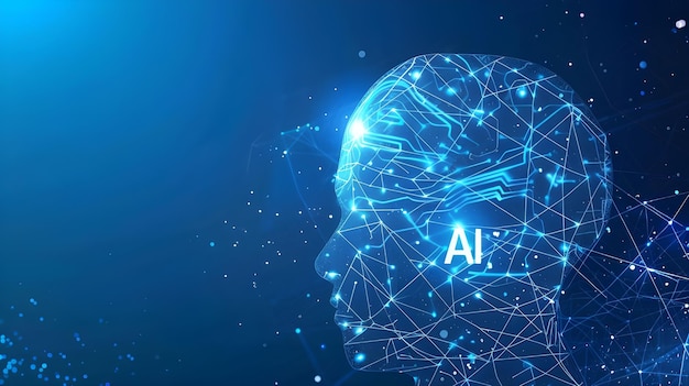 Graphic of a digital brain and Human head outline made from circuit board connecting on blue