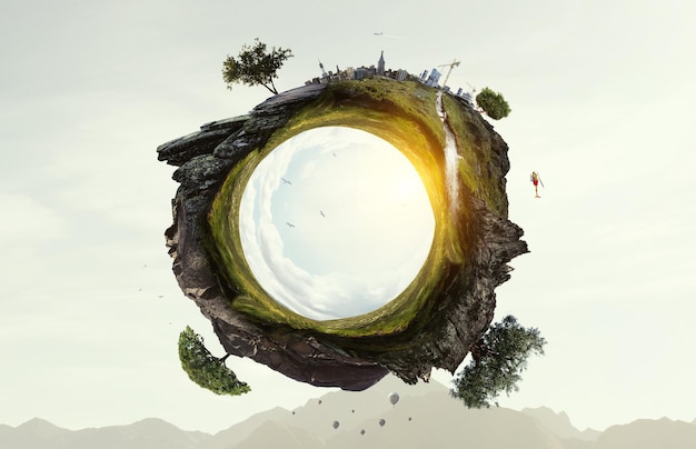 green curved landscape with grass. mixed media