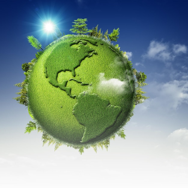 green planet abstract eco backgrounds with blue skies clouds and earth globe