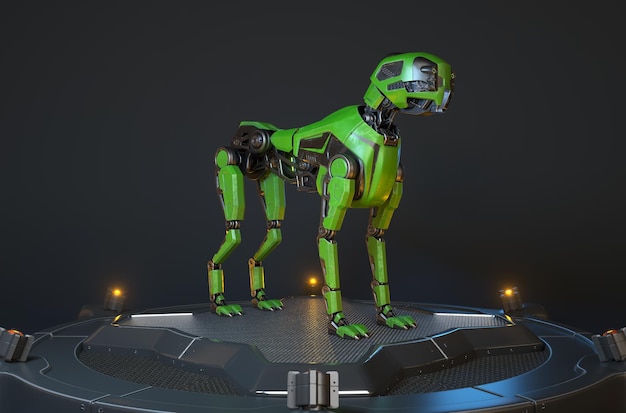 green robot dog stands on a charging dock