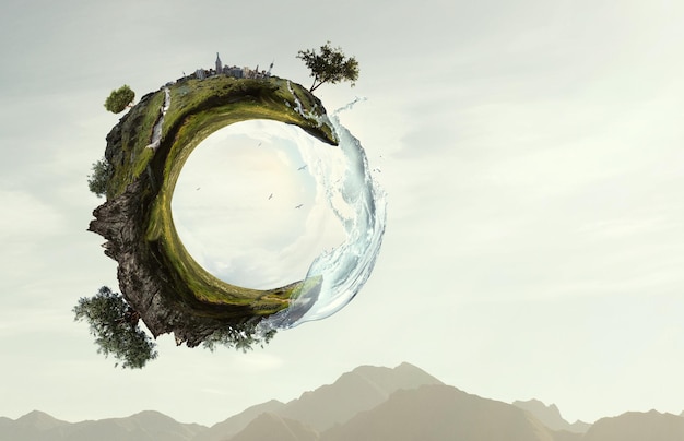 green sphere landscape with grass and clear water. mixed media