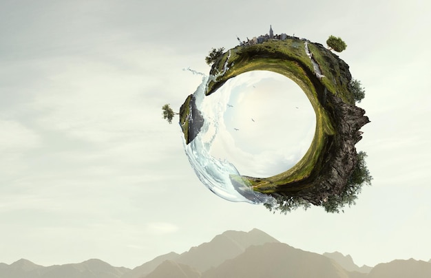 green sphere landscape with grass and clear water. mixed media