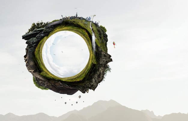 green sphere landscape with grass and clear water. mixed media