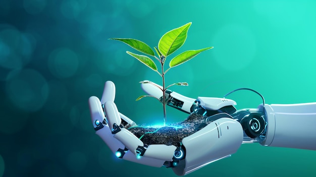 Green Technology Technology and Futuristic Ethic Business Concept Robot holding a plant