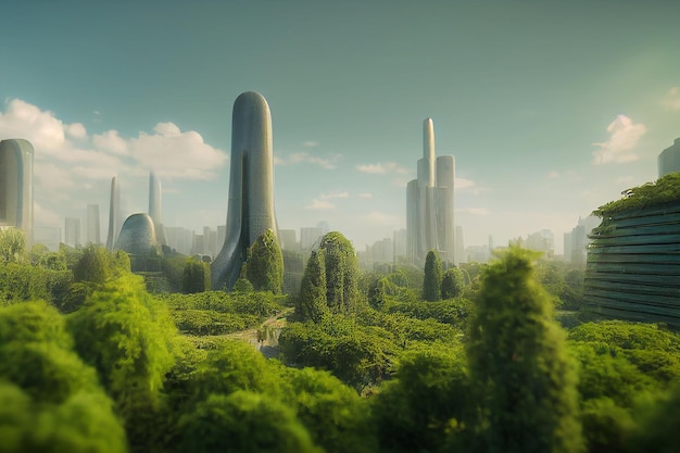 green utopia futuristic city skyline environmentalism concept 3d illustration