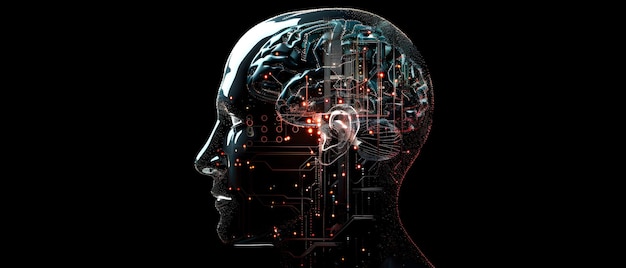 halffrontal view of a normal human head made from circuit board cpu chip with ai smart brain