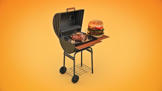 hamburgers cooking on grill with flames 3d rendering