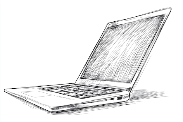 hand drawn sketch of a laptop computer angled view showing keyboard and screen