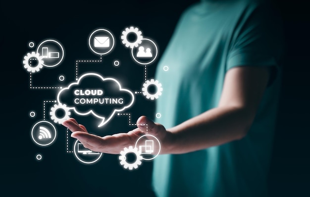 Hand holding virtual cloud computing with technology item upload download Management big data