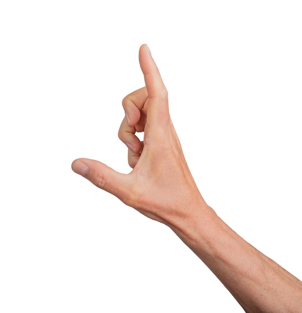 Hand showing a large measurement using thumb and index finger isolated on white background Gesture