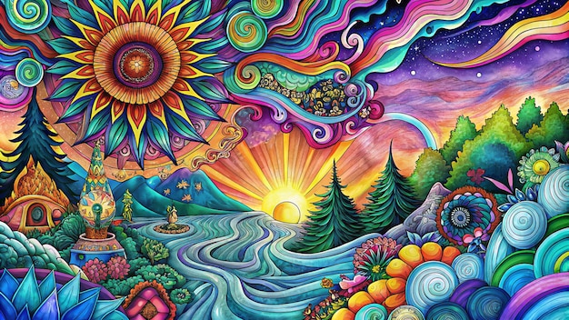 Handdrawn groovy psychedelic background