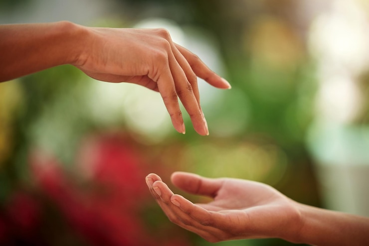 Fotografie hands love and people with a reaching gesture in an outdoor green garden or park in nature connection romantic and closeup zoom of a couple for support romance or touch together outside