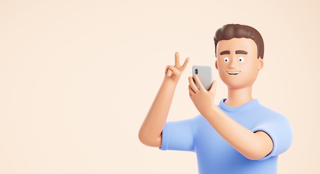 happy cartoon character man make video call or selfie by smartphone and show victory sign