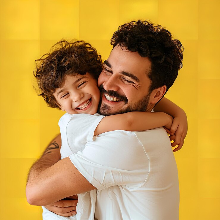 Happy fathers day cute dad and son hugging on yellow background Ai generative