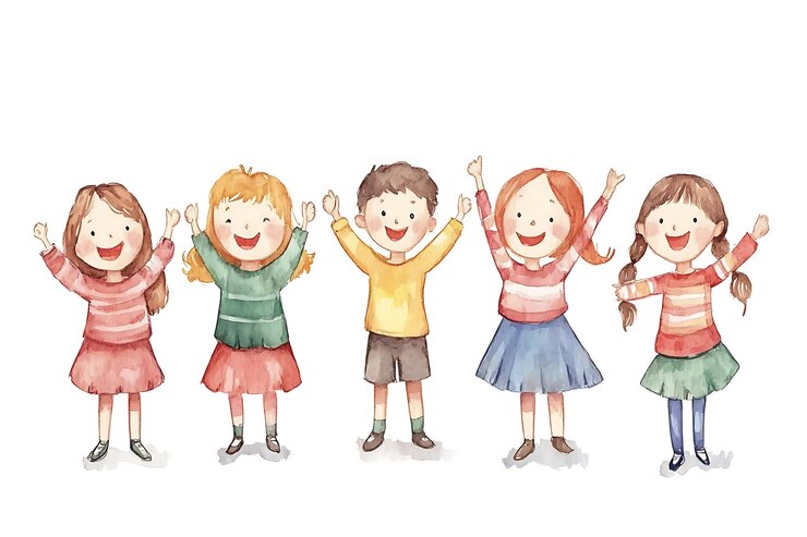 Fotografie happy kids watercolor illustration smiling children raising hands in joy