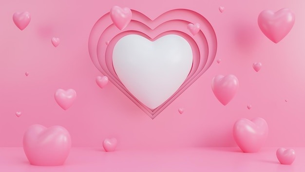 Happy valentine's day wallpaper in paper style with many hearts 3d objects on pink background.,3d model and illustration.