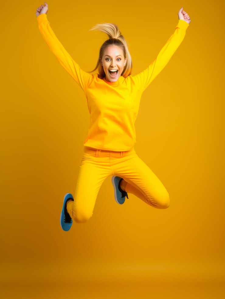 Fotografie happy woman celebrating on a solid background