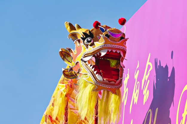 head golden chinese dragon against blue sky during the celebration of chinese new year low angle vie