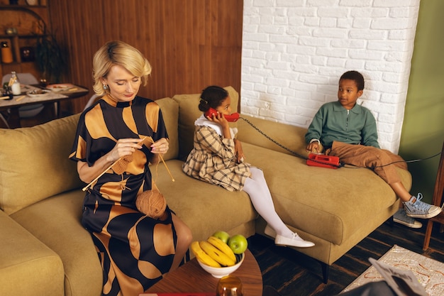high angle modern family in retro style