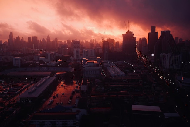 high angle view of buildings against sky during sunset