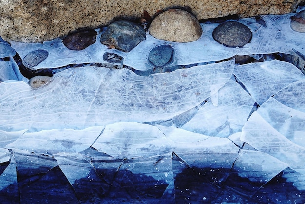 High angle view of frozen water