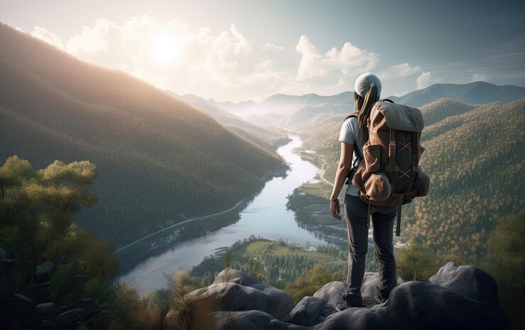 Fotografie hiker with backpack standing on top of a mountain and looking at the valley generative ai