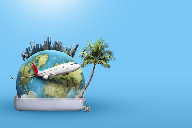 holiday summer vacation and travel concept with suitcase and other accessories against blue background