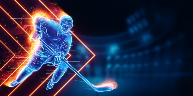 Fotografie hologram of a hockey player silhouette on fire