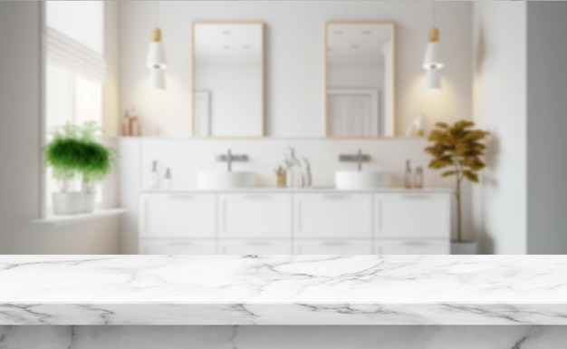 horizontal photo of a marble table top with blurry background of modern contemporary interior design