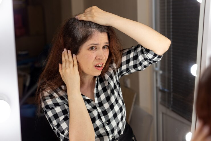 Fotografie horrified young woman looking in mirror staring open mouthed at the first grey hair, a first sign of