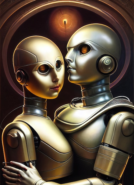 humanoid androids robots couple embrace each other