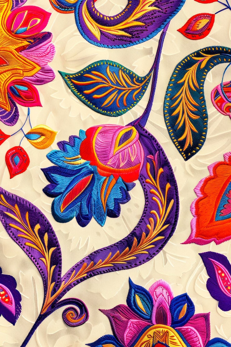 Ikat floral paisley embroidery on cream backgroundIkat ethnic oriental pattern