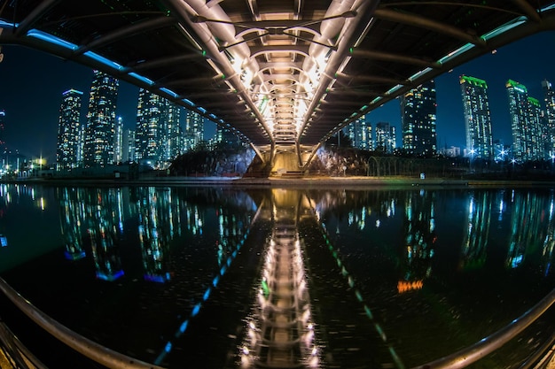 illuminated bridge over river in city at night