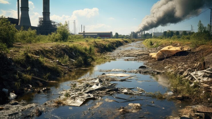 Fotografie illustrate the consequences of improper wastewater disposal showing a polluted waterway with dead fish and damaged vegetation near the outflow pipe of an industrial plant